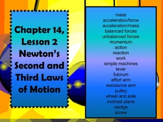 mass
              acceleration/force

Chapter 14,
              acceleration/mass
               balanced forces
              unbalanced forces
  Lesson 2         momentum
                      action
 Newton’s           reaction
                       work
Second and     simple machines
                       lever

Third Laws           fulcrum
                   effort arm

 of Motion
                resistance arm
                      pulley
                wheel and axle
                 inclined plane
                      wedge
                      screw
 