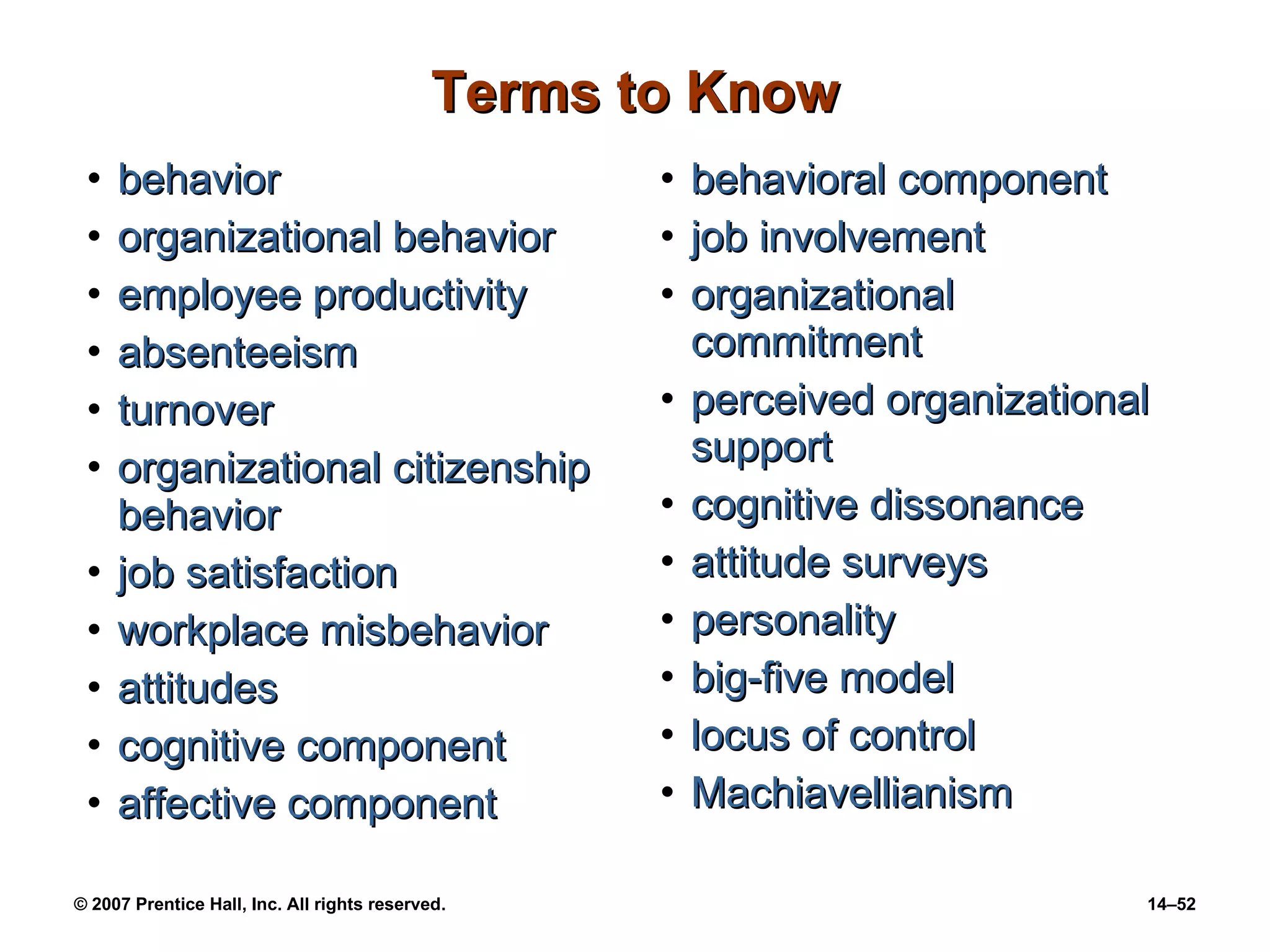 Terms to Know behavior organizational behavior employee productivity absenteeism turnover organizational citizenship behavior job satisfaction workplace misbehavior attitudes cognitive component affective component behavioral component job involvement organizational commitment perceived organizational support cognitive dissonance attitude surveys personality big-five model locus of control Machiavellianism 