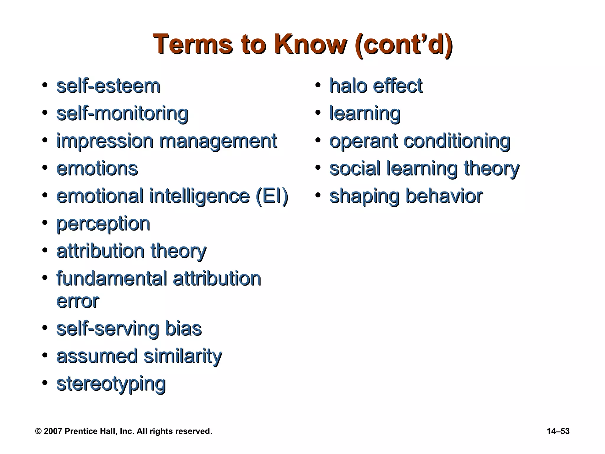 Terms to Know (cont’d) self-esteem self-monitoring impression management emotions emotional intelligence (EI) perception attribution theory fundamental attribution error self-serving bias assumed similarity stereotyping halo effect learning operant conditioning social learning theory shaping behavior 