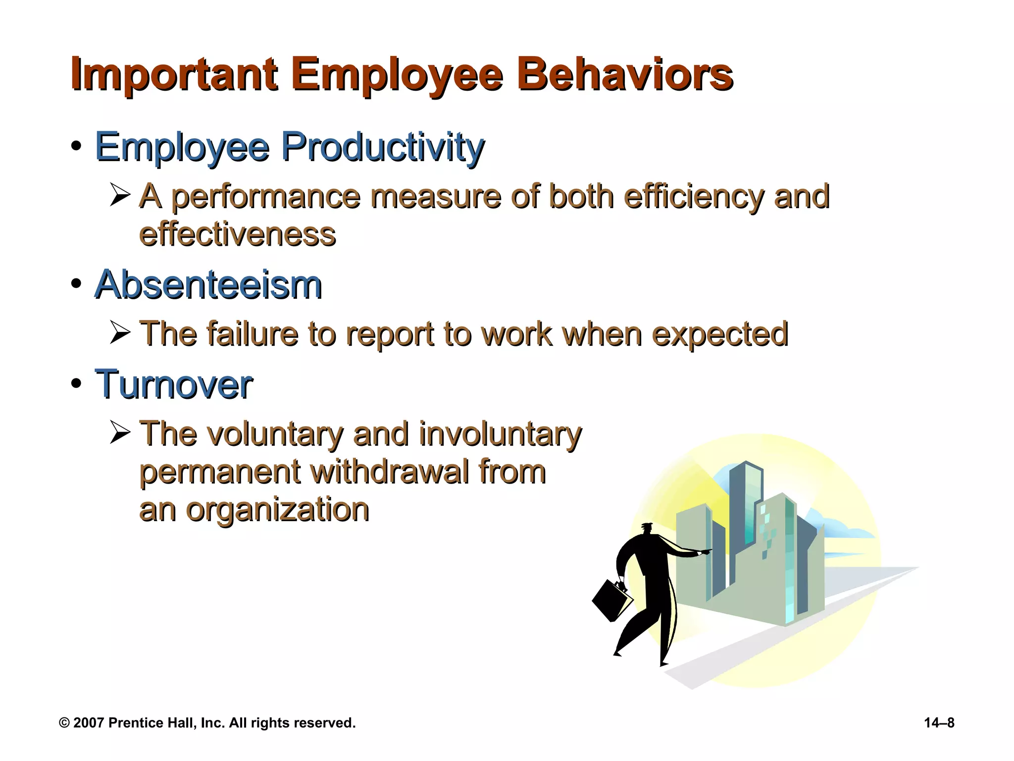 Important Employee Behaviors Employee Productivity A performance measure of both efficiency and effectiveness Absenteeism The failure to report to work when expected Turnover The voluntary and involuntary  permanent withdrawal from  an organization 