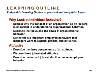 L E A R N I N G  O U T L I N E  Follow this Learning Outline as you read and study this chapter. Why Look at Individual Behavior? Explain why the concept of an organization as an iceberg is important to understanding organizational behavior. Describe the focus and the goals of organizational behavior. Define the six important employee behaviors that managers want to explain, predict, and influence. Attitudes Describe the three components of an attitude. Discuss three job-related attitudes. Describe the impact job satisfaction has on employee behavior. 