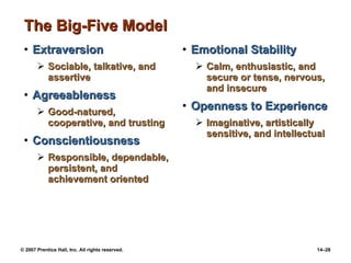 The Big-Five Model Extraversion Sociable, talkative, and assertive Agreeableness Good-natured, cooperative, and trusting Conscientiousness Responsible, dependable, persistent, and achievement oriented Emotional Stability Calm, enthusiastic, and secure or tense, nervous, and insecure Openness to Experience Imaginative, artistically sensitive, and intellectual 