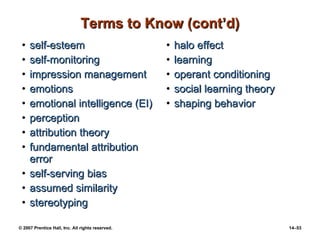 Terms to Know (cont’d) self-esteem self-monitoring impression management emotions emotional intelligence (EI) perception attribution theory fundamental attribution error self-serving bias assumed similarity stereotyping halo effect learning operant conditioning social learning theory shaping behavior 