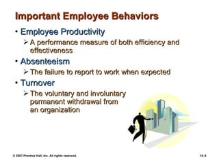 Important Employee Behaviors Employee Productivity A performance measure of both efficiency and effectiveness Absenteeism The failure to report to work when expected Turnover The voluntary and involuntary  permanent withdrawal from  an organization 