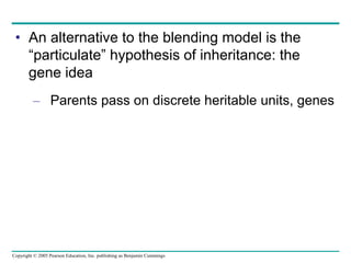 Copyright © 2005 Pearson Education, Inc. publishing as Benjamin Cummings
• An alternative to the blending model is the
“particulate” hypothesis of inheritance: the
gene idea
– Parents pass on discrete heritable units, genes
 