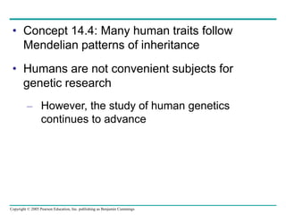 Copyright © 2005 Pearson Education, Inc. publishing as Benjamin Cummings
• Concept 14.4: Many human traits follow
Mendelian patterns of inheritance
• Humans are not convenient subjects for
genetic research
– However, the study of human genetics
continues to advance
 