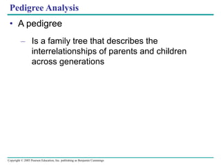 Copyright © 2005 Pearson Education, Inc. publishing as Benjamin Cummings
Pedigree Analysis
• A pedigree
– Is a family tree that describes the
interrelationships of parents and children
across generations
 