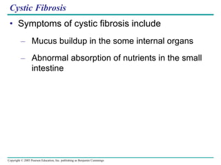 Copyright © 2005 Pearson Education, Inc. publishing as Benjamin Cummings
Cystic Fibrosis
• Symptoms of cystic fibrosis include
– Mucus buildup in the some internal organs
– Abnormal absorption of nutrients in the small
intestine
 