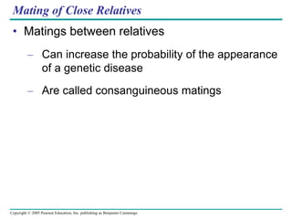 Copyright © 2005 Pearson Education, Inc. publishing as Benjamin Cummings
Mating of Close Relatives
• Matings between relatives
– Can increase the probability of the appearance
of a genetic disease
– Are called consanguineous matings
 