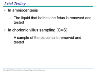 Copyright © 2005 Pearson Education, Inc. publishing as Benjamin Cummings
Fetal Testing
• In amniocentesis
– The liquid that bathes the fetus is removed and
tested
• In chorionic villus sampling (CVS)
– A sample of the placenta is removed and
tested
 
