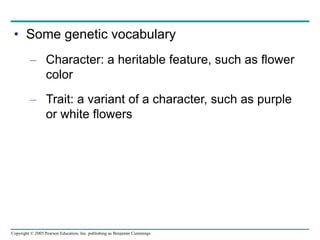 Copyright © 2005 Pearson Education, Inc. publishing as Benjamin Cummings
• Some genetic vocabulary
– Character: a heritable feature, such as flower
color
– Trait: a variant of a character, such as purple
or white flowers
 