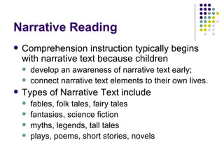 Narrative Reading Comprehension instruction typically begins with narrative text because children develop an awareness of narrative text early;  connect narrative text elements to their own lives.  Types of Narrative Text include fables, folk tales, fairy tales fantasies, science fiction myths, legends, tall tales plays, poems, short stories, novels 