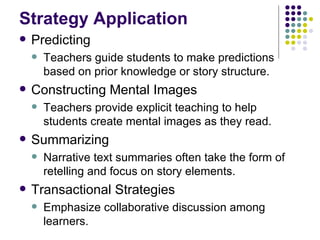 Strategy Application  Predicting Teachers guide students to make predictions based on prior knowledge or story structure. Constructing Mental Images Teachers provide explicit teaching to help students create mental images as they read. Summarizing  Narrative text summaries often take the form of retelling and focus on story elements. Transactional Strategies Emphasize collaborative discussion among learners.  