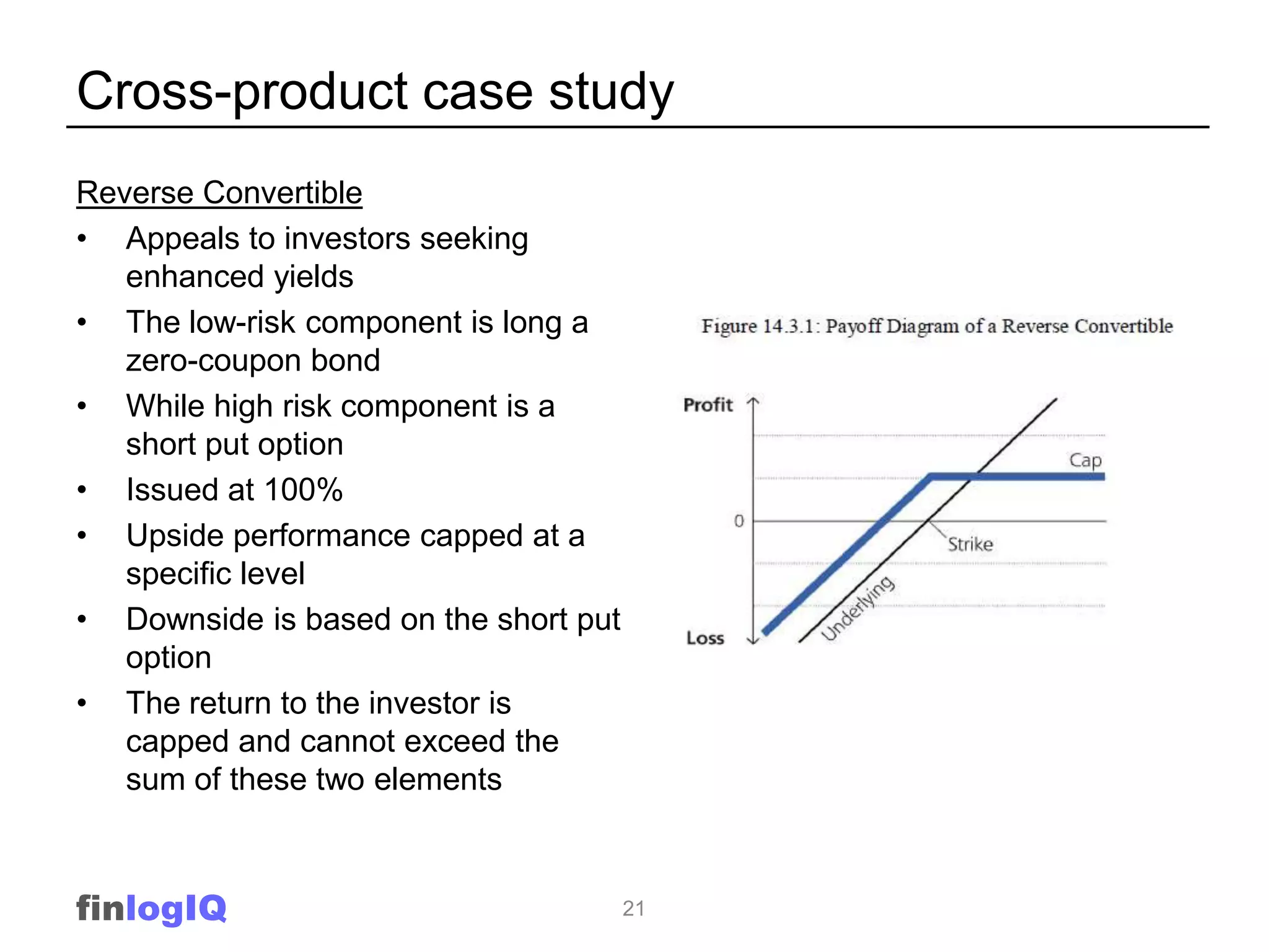 Cross-product case study
Reverse Convertible
• Appeals to investors seeking
   enhanced yields
• The low-risk component is long a
   zero-coupon bond
• While high risk component is a
   short put option
• Issued at 100%
• Upside performance capped at a
   specific level
• Downside is based on the short put
   option
• The return to the investor is
   capped and cannot exceed the
   sum of these two elements



finlogIQ                               21
 