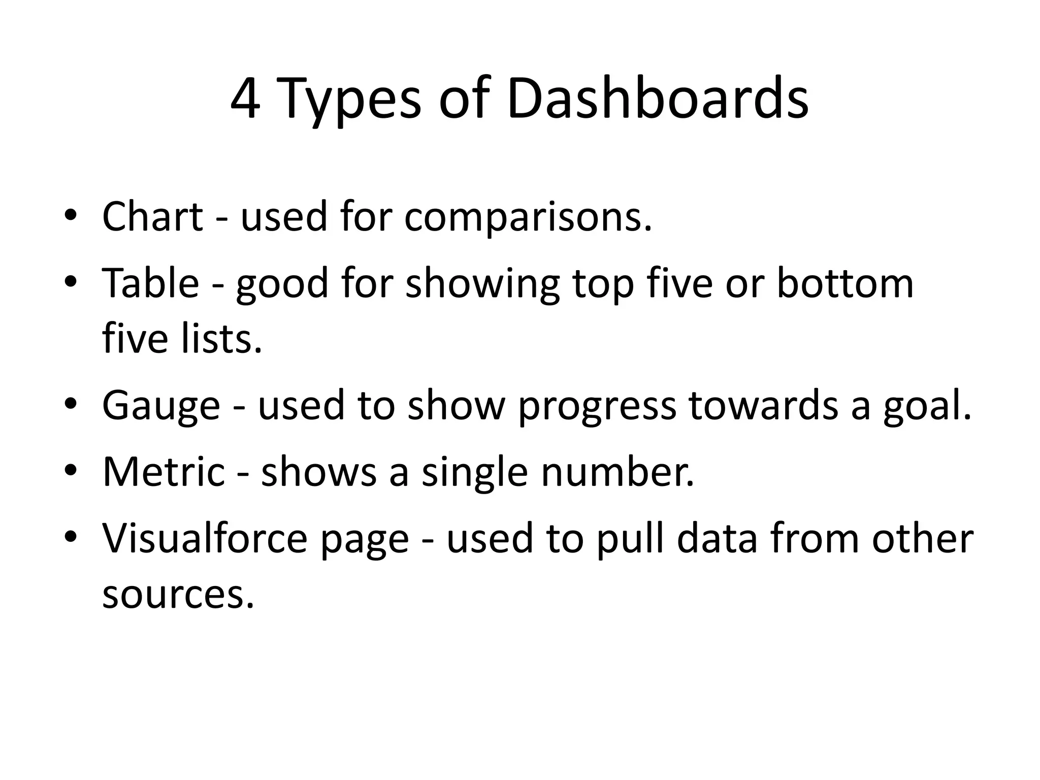 4 Types of Dashboards 
• Chart - used for comparisons. 
• Table - good for showing top five or bottom 
five lists. 
• Gauge - used to show progress towards a goal. 
• Metric - shows a single number. 
• Visualforce page - used to pull data from other 
sources. 
 
