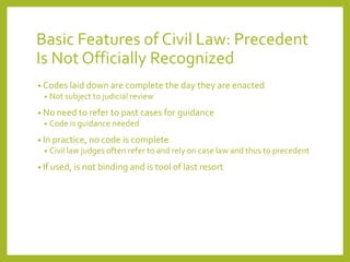Basic Features of Civil Law: Precedent
Is Not Officially Recognized
• Codes laid down are complete the day they are enacted
• Not subject to judicial review
• No need to refer to past cases for guidance
• Code is guidance needed
• In practice, no code is complete
• Civil law judges often refer to and rely on case law and thus to precedent
• If used, is not binding and is tool of last resort
 