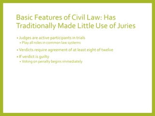 Basic Features of Civil Law: Has
Traditionally Made Little Use of Juries
• Judges are active participants in trials
• Play all roles in common law systems
• Verdicts require agreement of at least eight of twelve
• If verdict is guilty
• Voting on penalty begins immediately
 