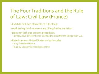 The FourTraditions and the Rule
of Law: Civil Law (France)
• Exhibits first two elements of rule of law
• Addressing third requires care of legal ethnocentrism
• Does not lack due process procedures
• Simply have different ones intended to do different things than U.S.
• Rated same as United States on both scales
• 1 by Freedom House
• 8.11 by Economist Intelligence Unit
 