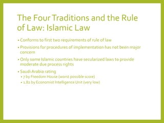 The FourTraditions and the Rule
of Law: Islamic Law
• Conforms to first two requirements of rule of law
• Provisions for procedures of implementation has not been major
concern
• Only some Islamic countries have secularized laws to provide
moderate due process rights
• Saudi Arabia rating
• 7 by Freedom House (worst possible score)
• 1.82 by Economist IntelligenceUnit (very low)
 