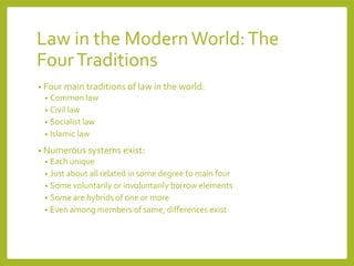 Law in the ModernWorld:The
FourTraditions
• Four main traditions of law in the world:
• Common law
• Civil law
• Socialist law
• Islamic law
• Numerous systems exist:
• Each unique
• Just about all related in some degree to main four
• Some voluntarily or involuntarily borrow elements
• Some are hybrids of one or more
• Even among members of same, differences exist
 