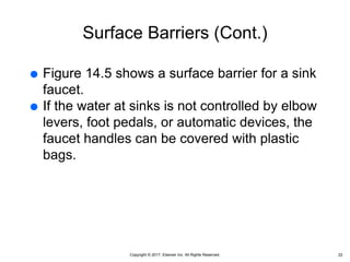 Copyright © 2017, Elsevier Inc. All Rights Reserved.
Surface Barriers (Cont.)
 Figure 14.5 shows a surface barrier for a sink
faucet.
 If the water at sinks is not controlled by elbow
levers, foot pedals, or automatic devices, the
faucet handles can be covered with plastic
bags.
22
 