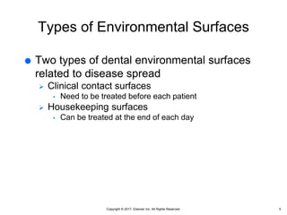 Copyright © 2017, Elsevier Inc. All Rights Reserved.
Types of Environmental Surfaces
 Two types of dental environmental surfaces
related to disease spread
 Clinical contact surfaces
• Need to be treated before each patient
 Housekeeping surfaces
• Can be treated at the end of each day
5
 