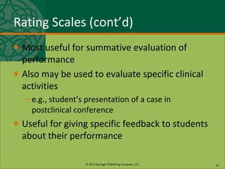 © 2013 Springer Publishing Company, LLC.
Rating Scales (cont’d)
♦ Most useful for summative evaluation of
performance
♦ Also may be used to evaluate specific clinical
activities
– e.g., student’s presentation of a case in
postclinical conference
♦ Useful for giving specific feedback to students
about their performance
17
 