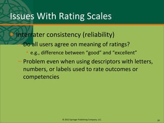 © 2013 Springer Publishing Company, LLC.
Issues With Rating Scales
♦ Interrater consistency (reliability)
– Do all users agree on meaning of ratings?
• e.g., difference between “good” and “excellent”
– Problem even when using descriptors with letters,
numbers, or labels used to rate outcomes or
competencies
20
 