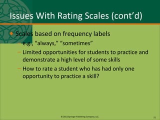 © 2013 Springer Publishing Company, LLC.
Issues With Rating Scales (cont’d)
♦ Scales based on frequency labels
– e.g., “always,” “sometimes”
– Limited opportunities for students to practice and
demonstrate a high level of some skills
– How to rate a student who has had only one
opportunity to practice a skill?
21
 