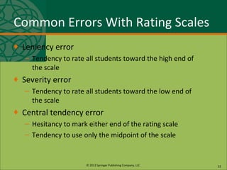 © 2013 Springer Publishing Company, LLC.
Common Errors With Rating Scales
♦ Leniency error
– Tendency to rate all students toward the high end of
the scale
♦ Severity error
– Tendency to rate all students toward the low end of
the scale
♦ Central tendency error
– Hesitancy to mark either end of the rating scale
– Tendency to use only the midpoint of the scale
22
 