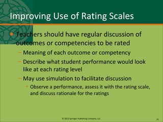 © 2013 Springer Publishing Company, LLC.
Improving Use of Rating Scales
♦ Teachers should have regular discussion of
outcomes or competencies to be rated
– Meaning of each outcome or competency
– Describe what student performance would look
like at each rating level
– May use simulation to facilitate discussion
• Observe a performance, assess it with the rating scale,
and discuss rationale for the ratings
25
 