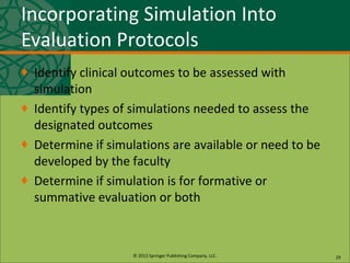© 2013 Springer Publishing Company, LLC.
Incorporating Simulation Into
Evaluation Protocols
♦ Identify clinical outcomes to be assessed with
simulation
♦ Identify types of simulations needed to assess the
designated outcomes
♦ Determine if simulations are available or need to be
developed by the faculty
♦ Determine if simulation is for formative or
summative evaluation or both
29
 
