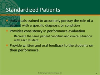 © 2013 Springer Publishing Company, LLC.
Standardized Patients
♦ Individuals trained to accurately portray the role of a
patient with a specific diagnosis or condition
♦ Provides consistency in performance evaluation
– Recreate the same patient condition and clinical situation
with each student
♦ Provide written and oral feedback to the students on
their performance
31
 