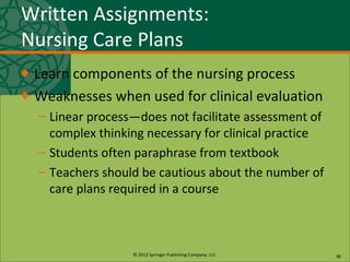 © 2013 Springer Publishing Company, LLC.
Written Assignments:
Nursing Care Plans
♦ Learn components of the nursing process
♦ Weaknesses when used for clinical evaluation
– Linear process—does not facilitate assessment of
complex thinking necessary for clinical practice
– Students often paraphrase from textbook
– Teachers should be cautious about the number of
care plans required in a course
38
 