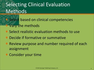 © 2013 Springer Publishing Company, LLC.
Selecting Clinical Evaluation
Methods
♦ Select based on clinical competencies
♦ Vary the methods
♦ Select realistic evaluation methods to use
♦ Decide if formative or summative
♦ Review purpose and number required of each
assignment
♦ Consider your time
4
 