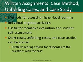 © 2013 Springer Publishing Company, LLC.
Written Assignments: Case Method,
Unfolding Cases, and Case Study
♦ Methods for assessing higher-level learning
♦ Individual or group activities
♦ Useful for formative evaluation and student
self-assessment
♦ Short cases, unfolding cases, and case studies
can be graded
– Establish scoring criteria for responses to the
questions with the case
40
 