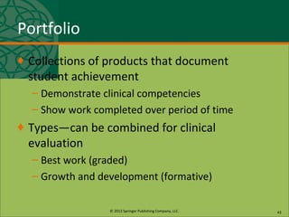 © 2013 Springer Publishing Company, LLC.
Portfolio
♦ Collections of products that document
student achievement
– Demonstrate clinical competencies
– Show work completed over period of time
♦ Types—can be combined for clinical
evaluation
– Best work (graded)
– Growth and development (formative)
43
 
