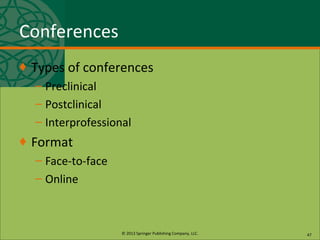 © 2013 Springer Publishing Company, LLC.
Conferences
♦ Types of conferences
– Preclinical
– Postclinical
– Interprofessional
♦ Format
– Face-to-face
– Online
47
 