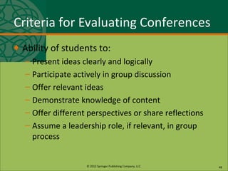 © 2013 Springer Publishing Company, LLC.
Criteria for Evaluating Conferences
♦ Ability of students to:
– Present ideas clearly and logically
– Participate actively in group discussion
– Offer relevant ideas
– Demonstrate knowledge of content
– Offer different perspectives or share reflections
– Assume a leadership role, if relevant, in group
process
48
 