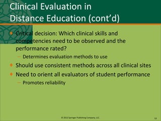 © 2013 Springer Publishing Company, LLC.
Clinical Evaluation in
Distance Education (cont’d)
♦ Critical decision: Which clinical skills and
competencies need to be observed and the
performance rated?
– Determines evaluation methods to use
♦ Should use consistent methods across all clinical sites
♦ Need to orient all evaluators of student performance
– Promotes reliability
53
 