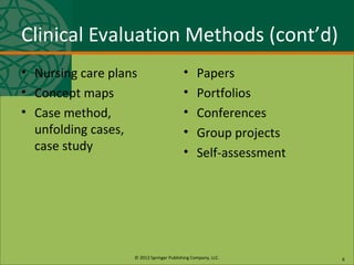 © 2013 Springer Publishing Company, LLC.
Clinical Evaluation Methods (cont’d)
• Nursing care plans
• Concept maps
• Case method,
unfolding cases,
case study
• Papers
• Portfolios
• Conferences
• Group projects
• Self-assessment
6
 