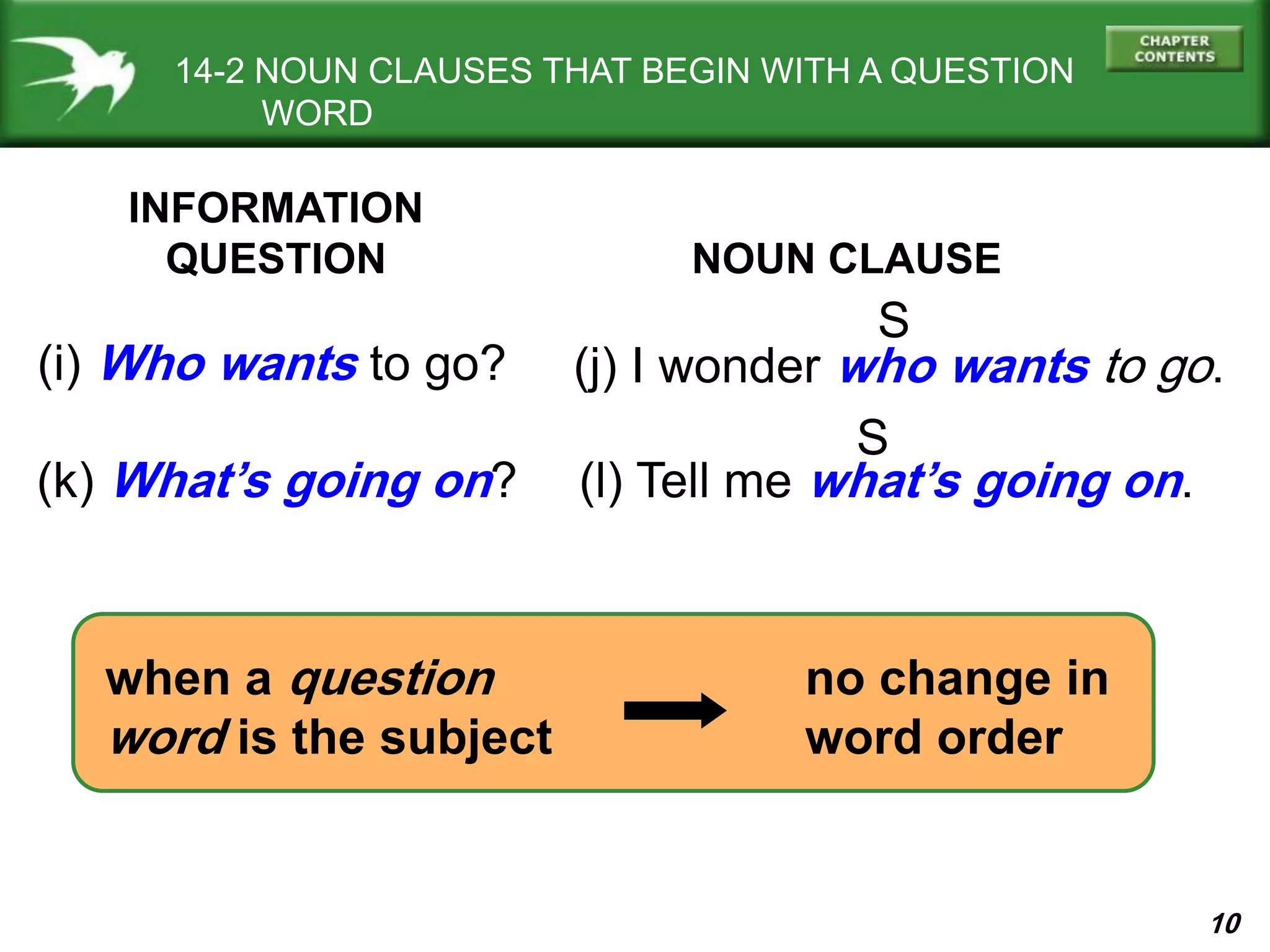 10
14-2 NOUN CLAUSES THAT BEGIN WITH A QUESTION
WORD
INFORMATION
QUESTION
(i) Who wants to go?
no change in
word order
NOUN CLAUSE
when a question
word is the subject
S
S
(j) I wonder who wants to go.
(k) What’s going on? (l) Tell me what’s going on.
 