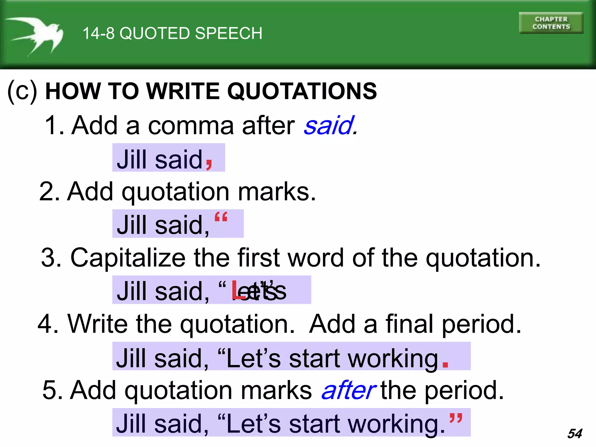 54Jill said, “Let’s start working.
Jill said
Jill said, “
Jill said,
2. Add quotation marks.
14-8 QUOTED SPEECH
(c) HOW TO WRITE QUOTATIONS
1. Add a comma after said.
,
“
Jill said, “Let’s start working
3. Capitalize the first word of the quotation.
4. Write the quotation. Add a final period.
5. Add quotation marks after the period.
let’sLet’s
“
.
 