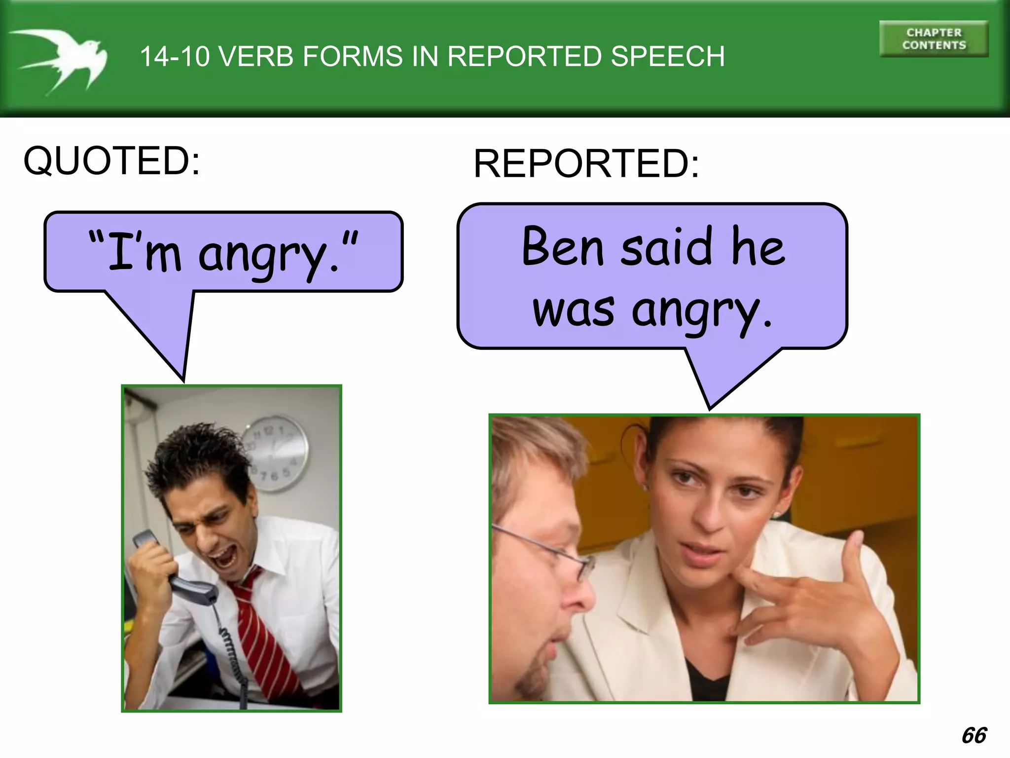 66
14-10 VERB FORMS IN REPORTED SPEECH
“I’m angry.” Ben said he
was angry.
QUOTED: REPORTED:
 