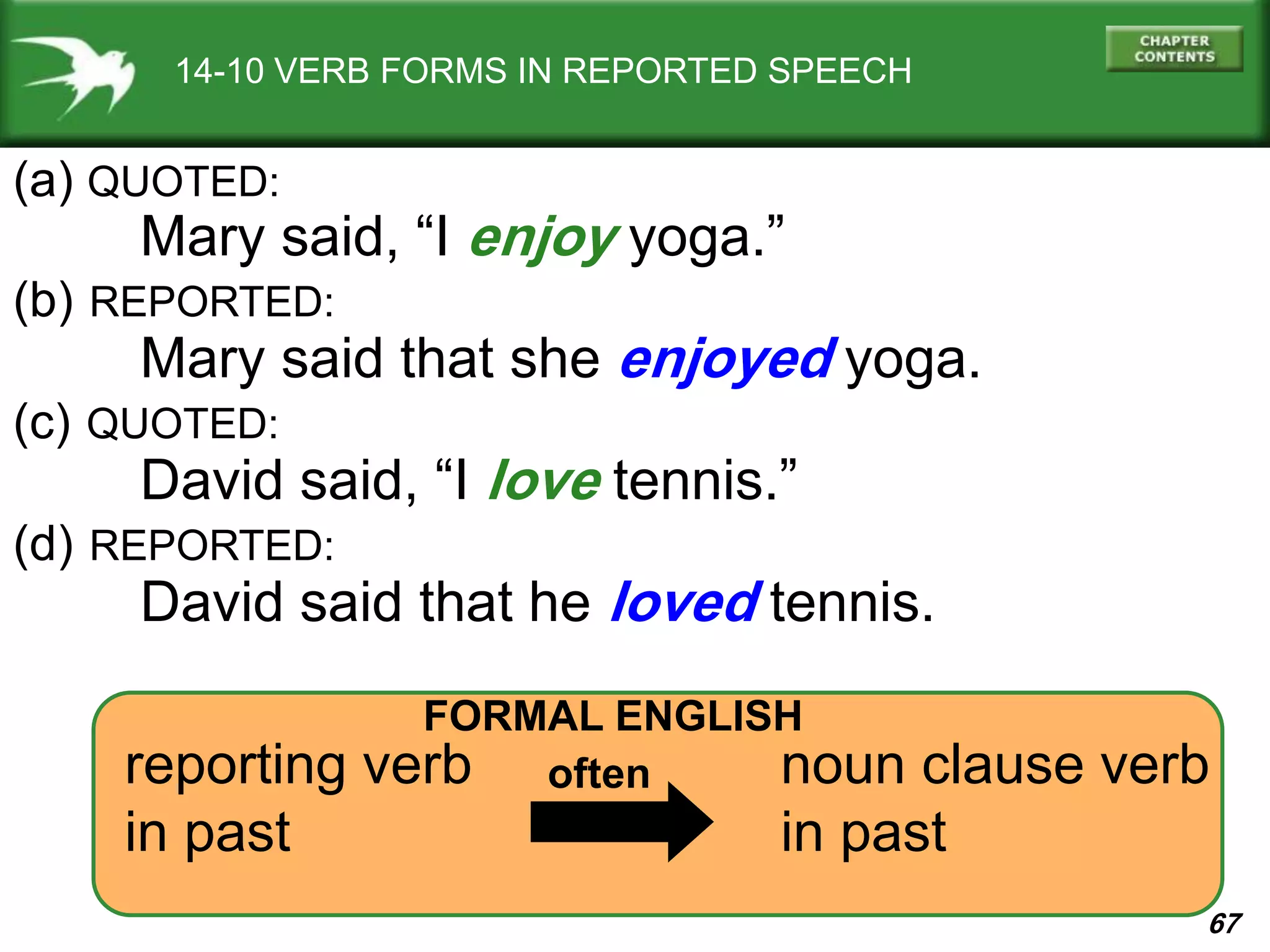 67
14-10 VERB FORMS IN REPORTED SPEECH
(a) QUOTED:
Mary said, “I enjoy yoga.”
(b) REPORTED:
Mary said that she enjoyed yoga.
(c) QUOTED:
David said, “I love tennis.”
(d) REPORTED:
David said that he loved tennis.
reporting verb
in past
noun clause verb
in past
often
FORMAL ENGLISH
 