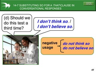 45
14-7 SUBSTITUTING SO FOR A THAT-CLAUSE IN
CONVERSATIONAL RESPONSES
(d) Should we
do this test a
third time?
I don’t think so. /
I don’t believe so.
negative
usage
do not think so
do not believe so
 