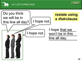 50
I hope ________
______________
______________
won’t be in this
line all day.
that we
14-7 LET’S PRACTICE
Do you think
we will be in
this line all day? I hope not.
restate using
a that-clause
I hope not.
 