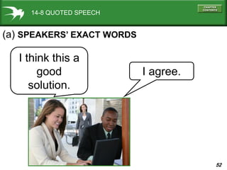 52
14-8 QUOTED SPEECH
I agree.
I think this a
good
solution.
(a) SPEAKERS’ EXACT WORDS
 
