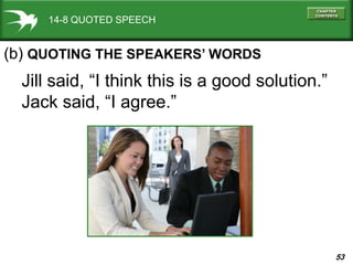 53
14-8 QUOTED SPEECH
Jill said, “I think this is a good solution.”
Jack said, “I agree.”
(b) QUOTING THE SPEAKERS’ WORDS
 