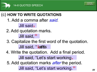54Jill said, “Let’s start working.
Jill said
Jill said, “
Jill said,
2. Add quotation marks.
14-8 QUOTED SPEECH
(c) HOW TO WRITE QUOTATIONS
1. Add a comma after said.
,
“
Jill said, “Let’s start working
3. Capitalize the first word of the quotation.
4. Write the quotation. Add a final period.
5. Add quotation marks after the period.
let’sLet’s
“
.
 